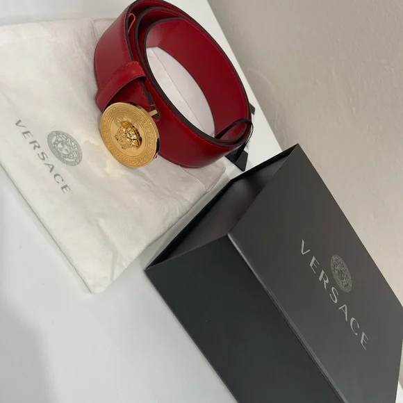 Versace Belt  calf leather cherryRed/ Gold, new in box  never used. Versace Medusa Safety Pin leather belt Versace main image 4